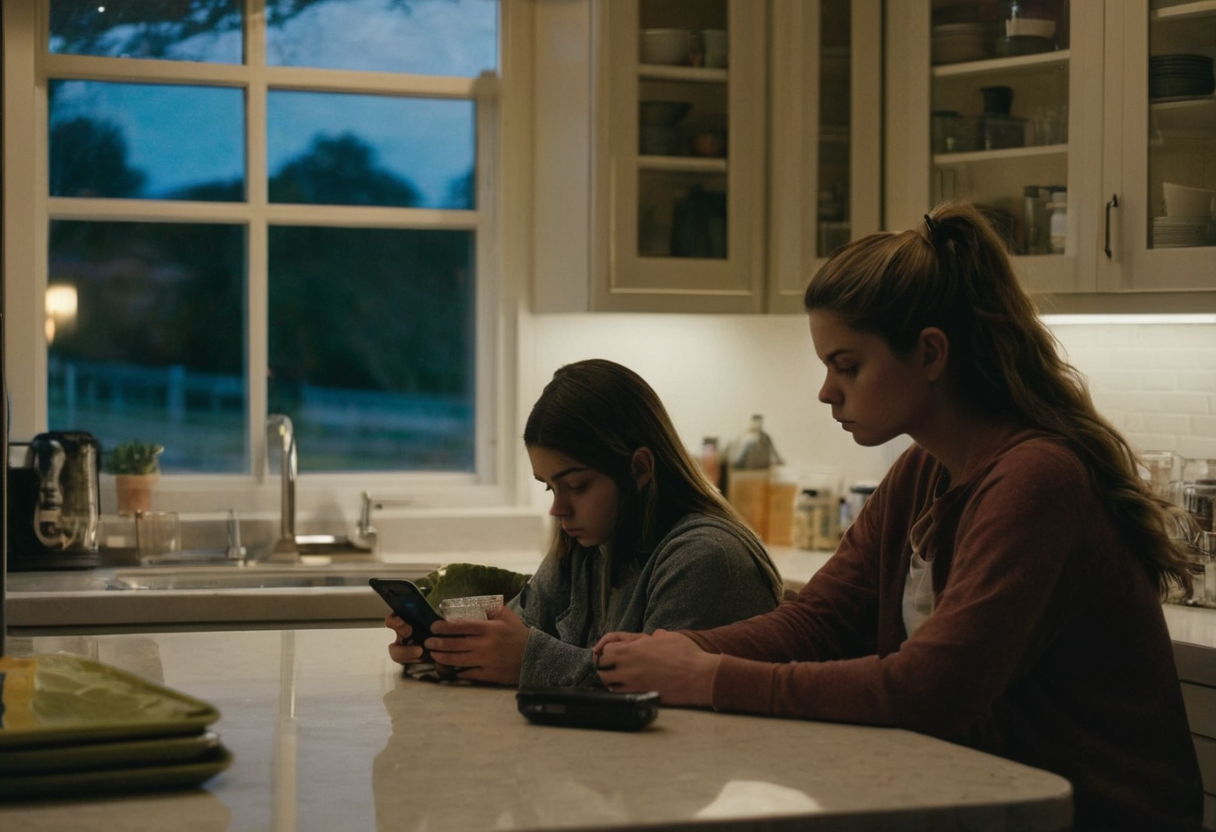 A parent and teenager together at the kitchen table, talking about phones and social media.