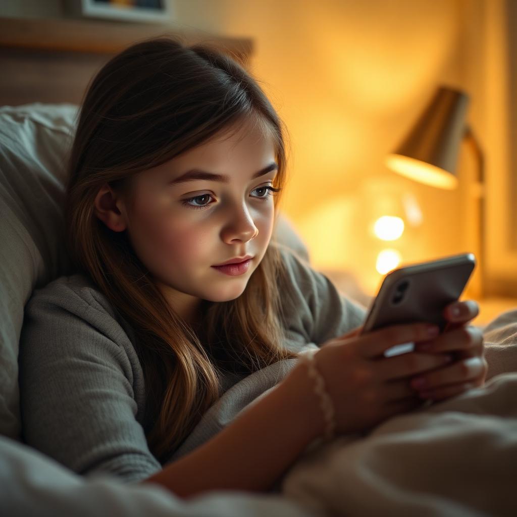 A teenage girl lying on her bed scrolling a phone in warm evening light.
